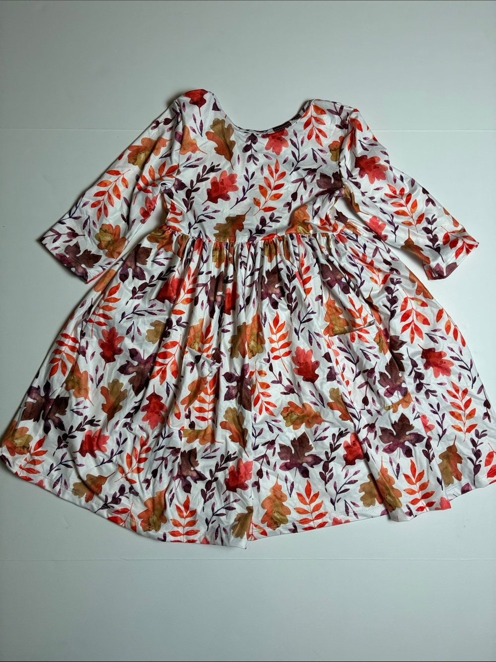 Girls White Fall Leaf Print Long Sleeve Dress